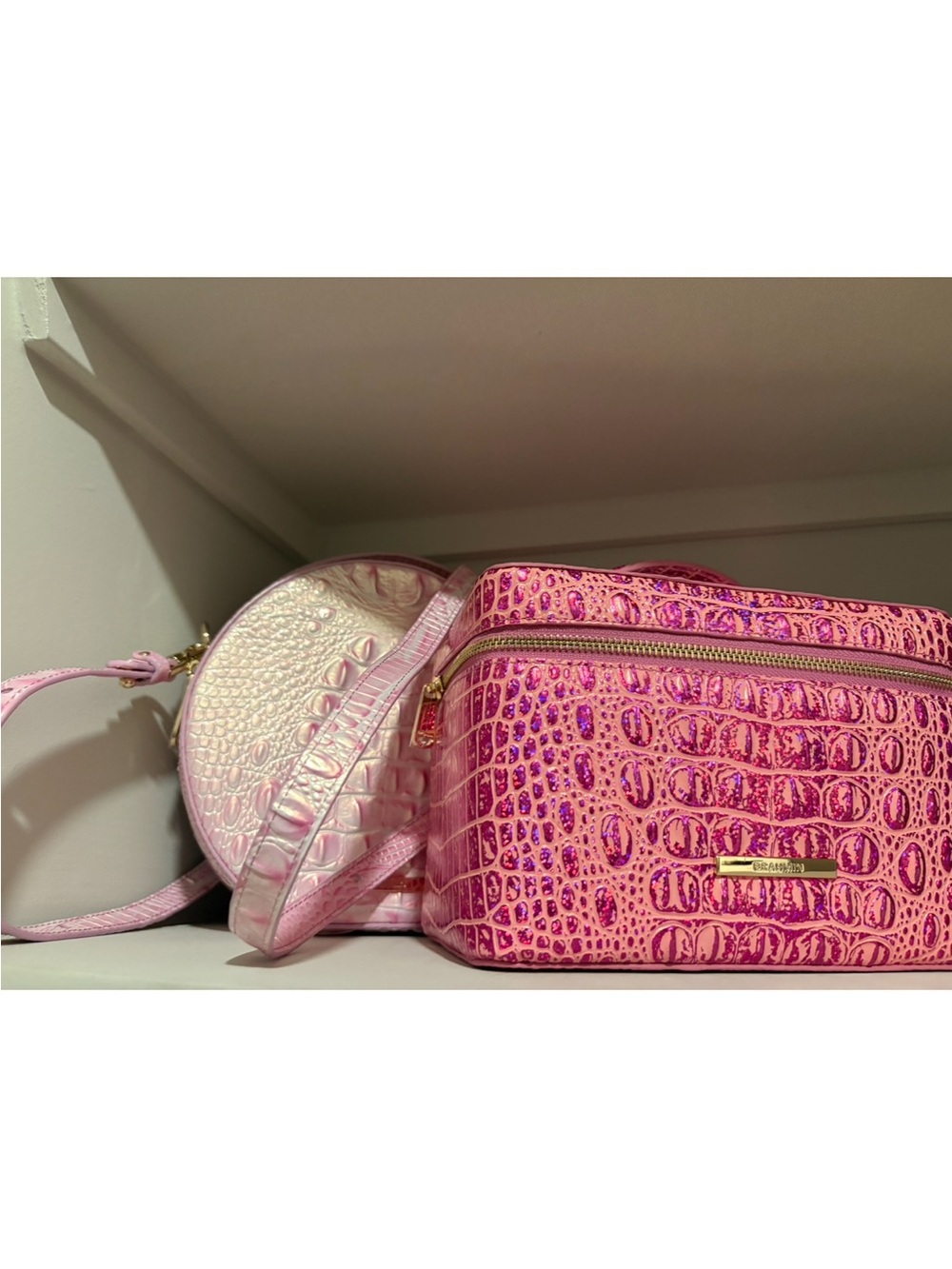 Brahmin Pink Glitter Croc-Embossed Leather Cosmetic Case - Picture 3 of 6
